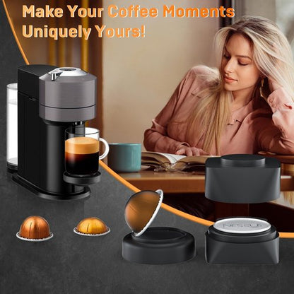 NESSUS Reusable Vertuo Pods Refill Kit, Lid Easy Remover for Vertuo Seal, 100PCS Aluminum Foil Lids for Nespresso Vertuo Pods, Tamp & Press Refillable Vertuo Capsules Holder and Brush