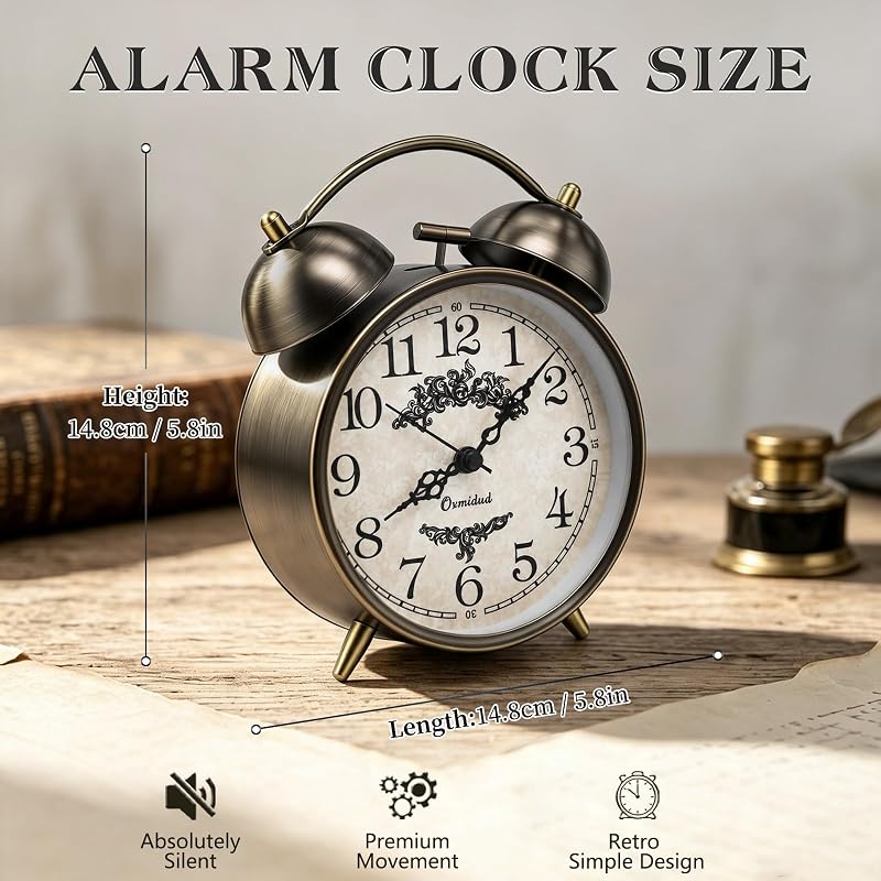 4.5-Inch Loud Analog Alarm Clock for Heavy Sleepers - Battery Operated, Bronze-C