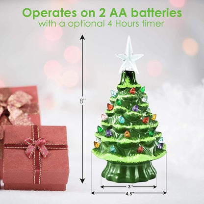 8” Hand-Painted Ceramic Christmas Tree with 32 Lights, 4H Timer - Green