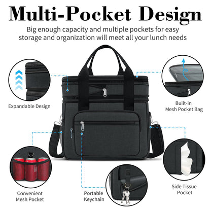 Expandable Insulated Large Cooler Lunch Box for Men 23L Heavy Duty Double Deck Leakproof Lunch Bag with 4 Ice packs&2 Snack Bags for Adult/Construction/Women/Work/Picnic/Camping - Black