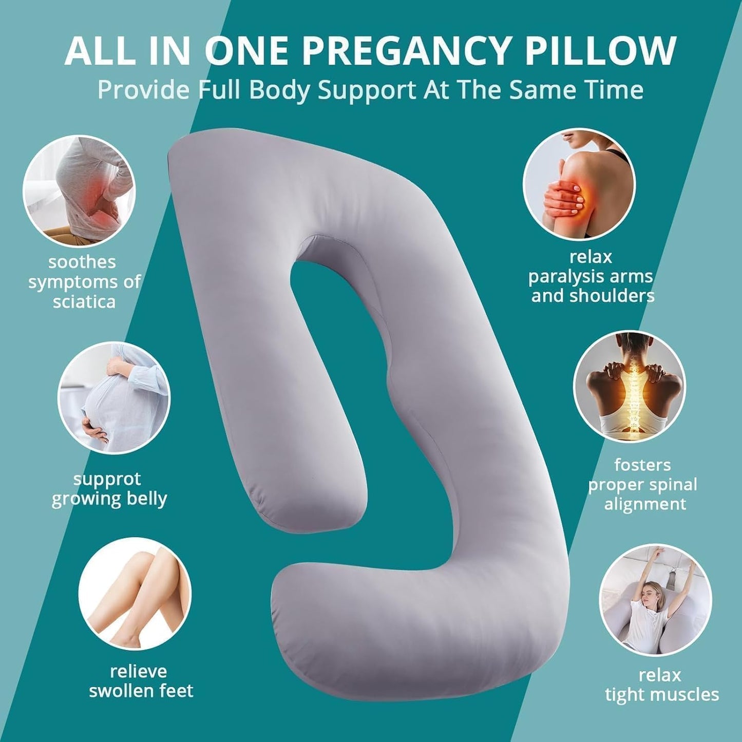 Sasttie U-Shaped Cooling Pregnancy Pillow - Full Body Support with Removable Cover | Light Grey