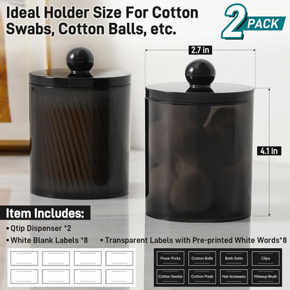 Skiennix Acrylic Qtip Holder Dispenser - Clear Plastic Canister Set for Cotton Swabs & Makeup Storage | 2 Pack