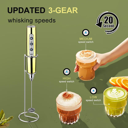 YUSWKO Handheld Milk Frother - Rechargeable Electric Whisk with Stand & 3 Speed Settings for Coffee, Latte, Cappuccino, Hot Chocolate