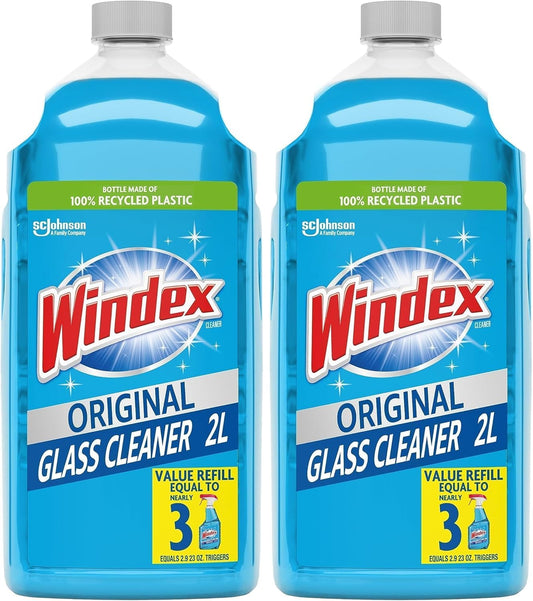Windex Glass & Window Cleaner Refill - Eco-Friendly 100% Recycled Plastic, Original Blue Scent, 2L (Pack of 2)