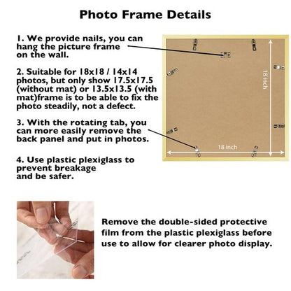 JCJMY 18x18 Picture Frame Gold with 14x14 Mat, Display Photo 14x14 with Mat or 18 x 18 Without Mat, Wall Hanging Large 18x18 Poster Frame with Shatter Resistant Plexiglass, Gold