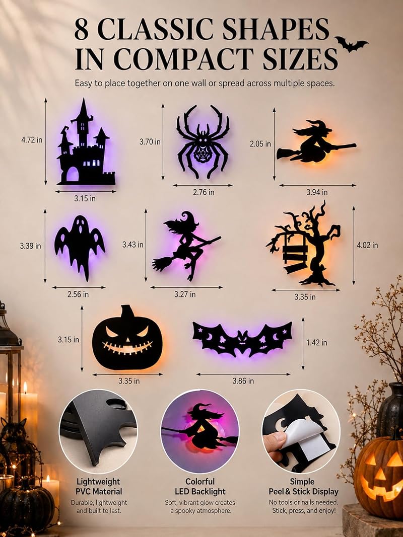 Halloween LED Wall Stickers - 24pcs Glow in the Dark Bat & Spooky Silhouettes Set