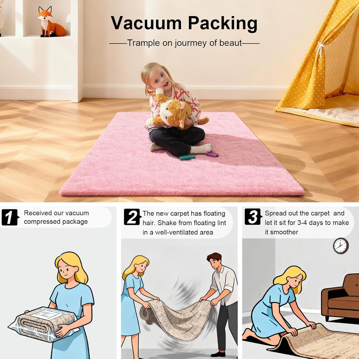 Skiennix Pink Area Rug - Fluffy 2x3 Soft Shag Carpet with Non-Slip Strips for Kids' Rooms