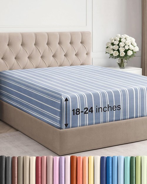 Extra Deep Full Fitted Sheet - Hotel Luxury Single Fitted Sheet Only - Easily Fits 18 inch to 24 inch Mattress - Ultra Soft, Wrinkle Free with Extra Deep Pockets - Breathable & Comfy - Blue Stripes