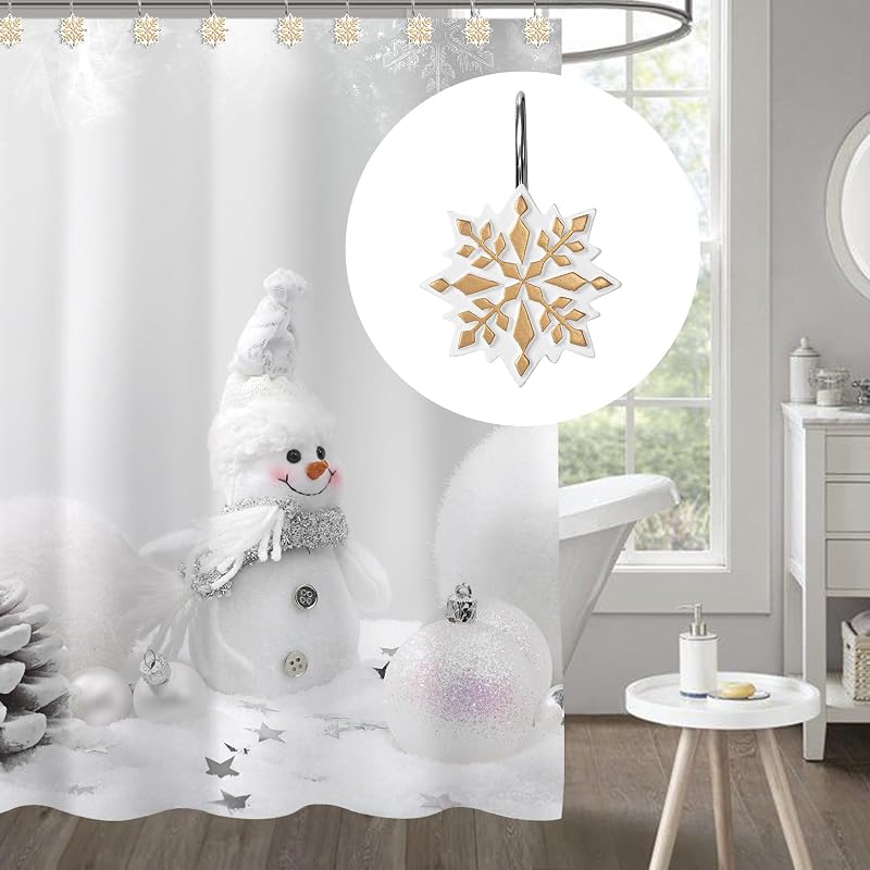 Sunlit Christmas Shower Curtain Hooks - Snowflake Resin 12 Pack, Gold/White