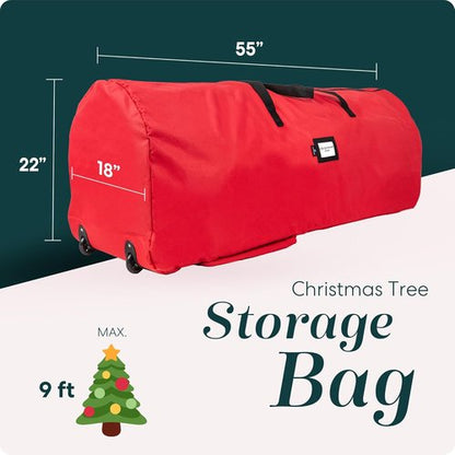 Handy Laundry Christmas Tree Storage Bag with Wheels - Heavy Duty, Waterproof, Fits 9 Ft Tree, Red