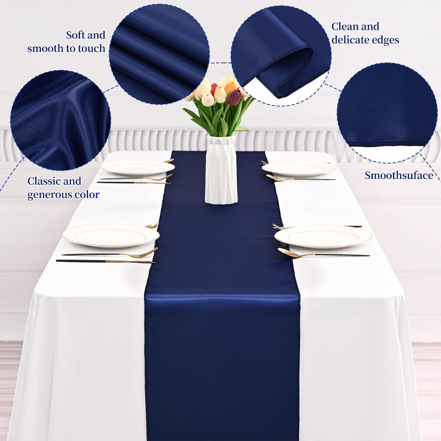 Skiennix Navy Blue Satin Table Runners - 12 Pack | 12 x 108 Inch for Weddings & Events