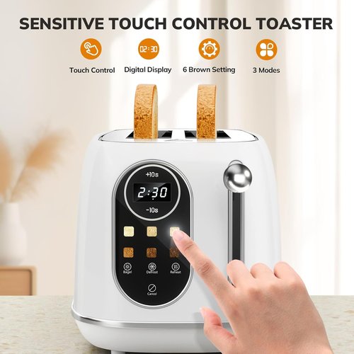 Keenstone Smart Touch Screen Toaster - Retro 2-Slice Stainless Steel with 6 Browning Levels | White