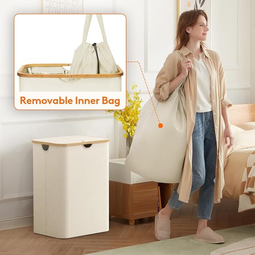 Lifewit 150L Laundry Basket - Foldable Hamper with Lid & Bamboo Handles | White, Large Size