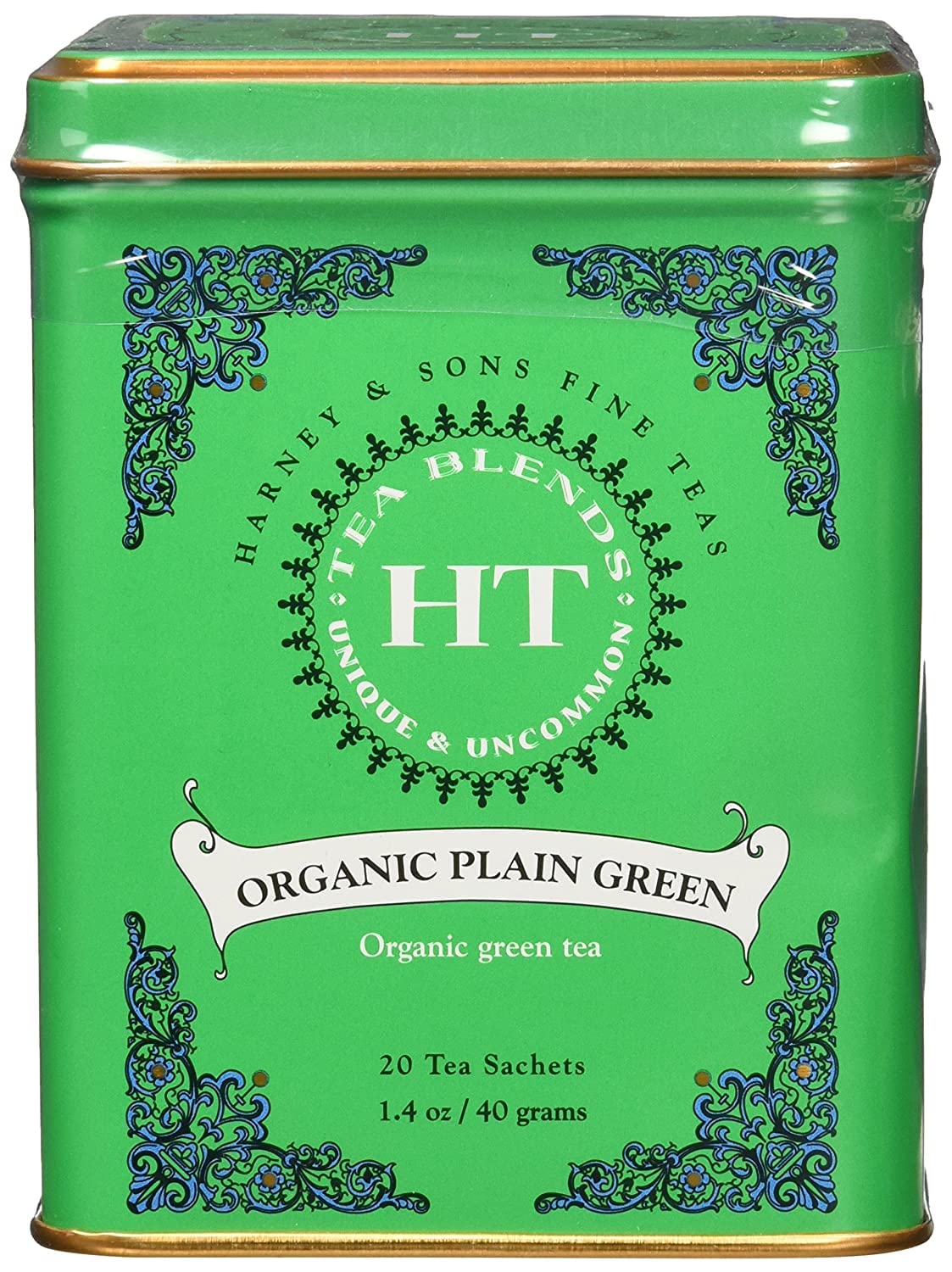 Harney & Son's Plain Green Tea Tin 20 Sachets (1.4 oz ea, Two Pack) - Organic Green Tea Blend - 2 Pack 20ct Sachet Tins (40 Sachets)