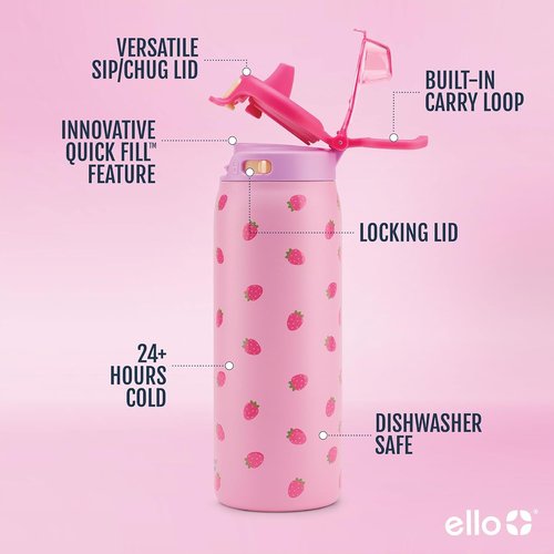 Ello Pop & Fill 18oz Stainless Steel Kids Water Bottle - Quick Fill Lid, Vacuum Insulated, BPA Free, Leak Proof, Dishwasher Safe | Perfect Gift for Kids & Teens, Strawberries