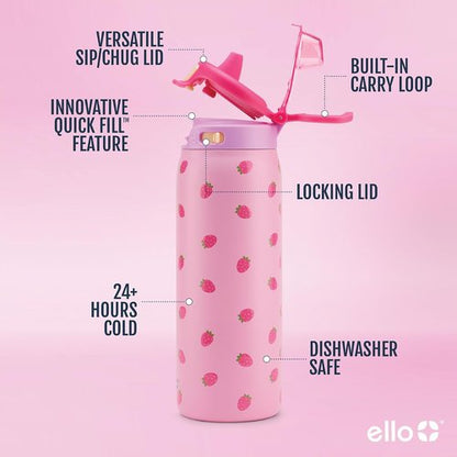 Ello Pop & Fill 18oz Stainless Steel Kids Water Bottle - Quick Fill Lid, Vacuum Insulated, BPA Free, Leak Proof, Dishwasher Safe | Perfect Gift for Kids & Teens, Strawberries