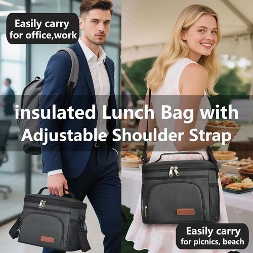 ExtraCharm Insulated Lunch Bag - Leakproof Cooler Tote for Office, Picnic & Hiking | Adjustable Strap - Black