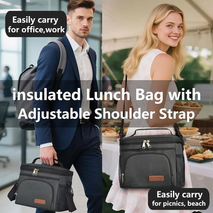 ExtraCharm Insulated Lunch Bag - Leakproof Cooler Tote for Office, Picnic & Hiking | Adjustable Strap - Black