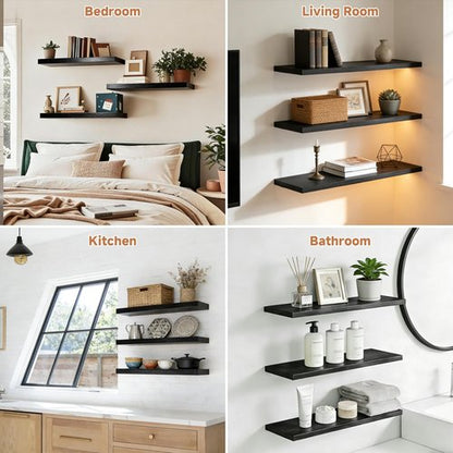 Duvique Easy Install Floating Shelves, 15.7 Inch Wall Mounted Wooden Shelf, Small Hanging Shelf for Home Decor, Books and Storage, Organizer for Bedroom, Bathroom, Kitchen, Set of 3, Black