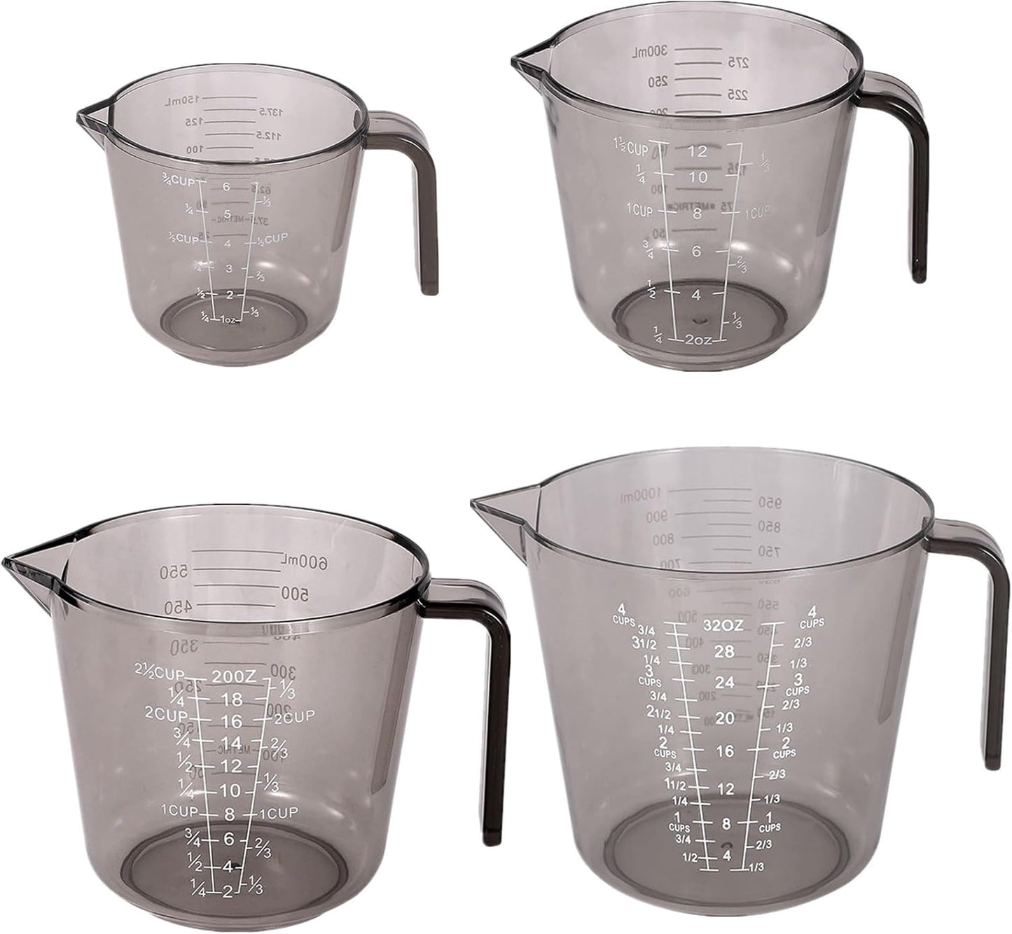 Skiennix 4-Cup Measuring Cups Set - BPA-Free Plastic with Nozzle Handle | 150/300/600/1000ML Sizes (Black)
