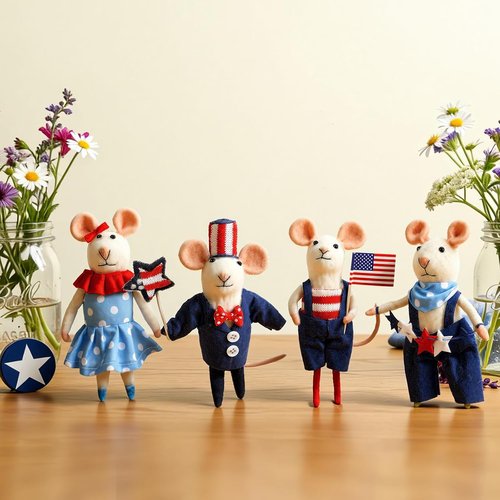 Hahafelt 4 Pcs 4th of July Felt Mice Ornaments - Cute Patriotic Wool Mouse Set | Handmade Red, Blue & White Decor (3.94 Inch)