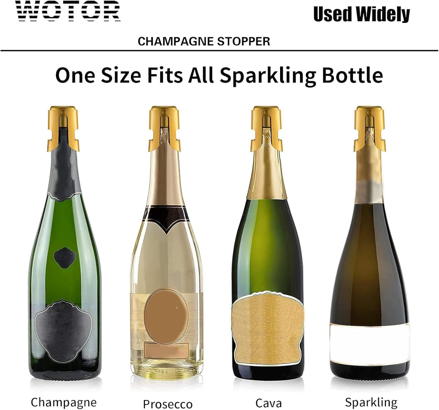 WOTOR Champagne Stoppers Stainless Steel, Prosecco Bottle Stopper with Food Grade Silicone, Reusable Champagne Cork & Saver, Leak proof Keep Fresh (Gold, 2 Pack)
