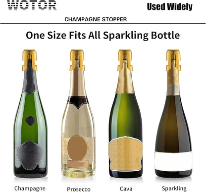 WOTOR Champagne Stoppers Stainless Steel, Prosecco Bottle Stopper with Food Grade Silicone, Reusable Champagne Cork & Saver, Leak proof Keep Fresh (Gold, 2 Pack)