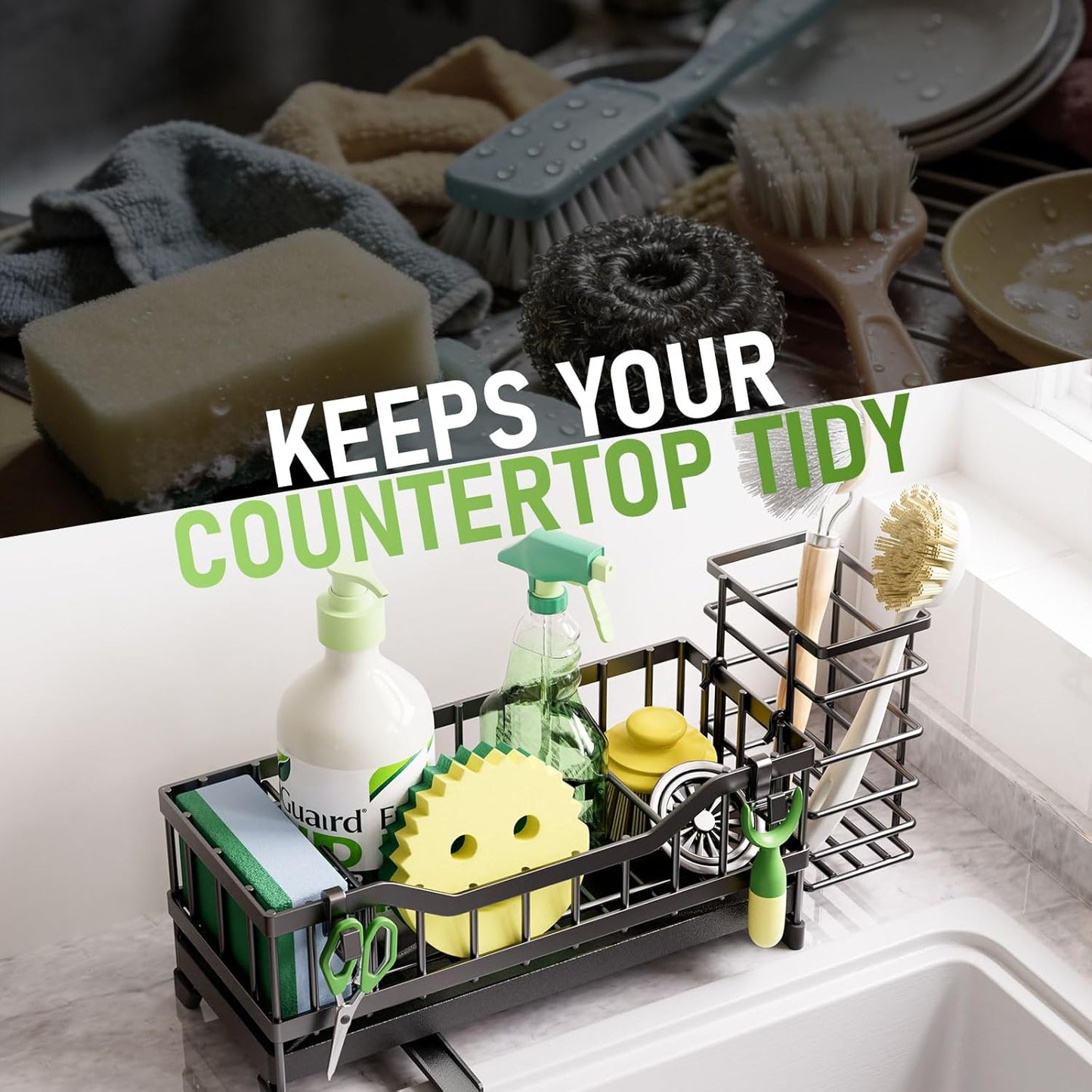 Skiennix Kitchen Sink Caddy - Rustproof Stainless Steel Sponge Holder & Dish Brush Organizer | Black