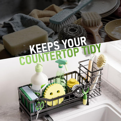Skiennix Kitchen Sink Caddy - Rustproof Stainless Steel Sponge Holder & Dish Brush Organizer | Black