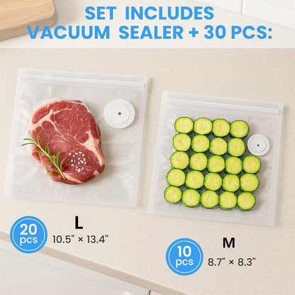 Skiennix Compact Vacuum Sealer - Handheld Design with Visible Water Tank & 30 Reusable Bags | White