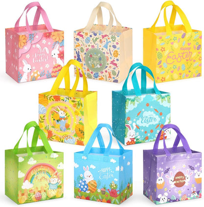 PARSUP 8 PACK Happy Easter Bunny Carrot Chick Egg Hunt Gift Treat Multifunctional Non-Woven Bags with Handles,Easter Party Supplies for Gifts Wrapping, 7.9×7.9×5.9inch