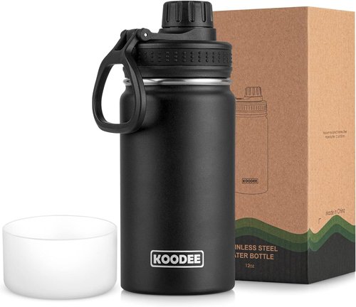 Koodee Water Bottle - 12 oz Stainless Steel Vacuum Insulated Flask with Leakproof Spout Lid | Black