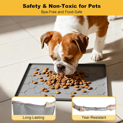 Pieviev Dog & Cat Food Bowl Mat - Silicone Waterproof, Non-Slip Design, 16''x12'', Light Gray