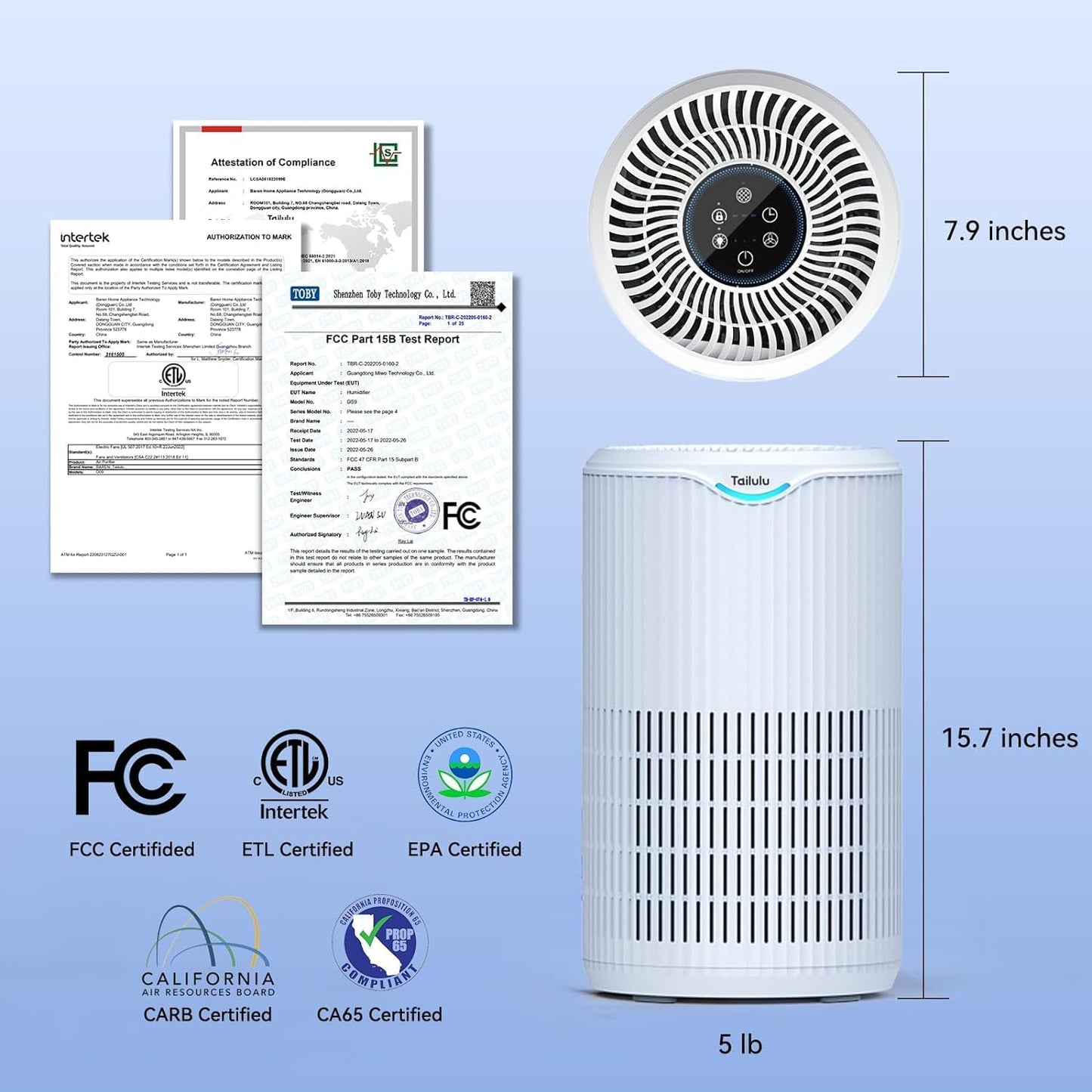 Tailulu H13 HEPA Air Purifier - 360° Air Intake & Outlet for Large Rooms Up to 1680 Ft² | Quiet 15dB Sleep Mode