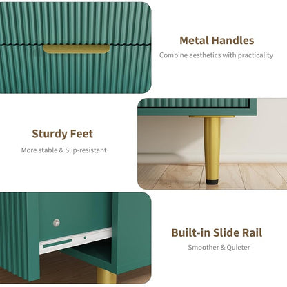 3-Drawer Storage Chest with Vertical Groove Panels and Tapered Metal Legs - Green, 28" × 16.9" × 29.9"