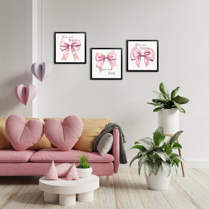 WELMECO Bow Wall Decor - Inspirational Framed Art Set for Girls | 12x12 Inch, Black Frame, 3 Pieces