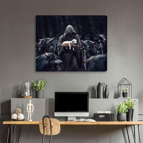 Jesus Saves | Protecting Lamb from Wolves Art - Christian Wall Decor Canvas Print 12"x16"
