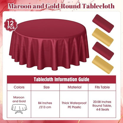 Buryeah 12 Pcs Burgundy & Gold Round Table Cloths - 84 Inch Waterproof Disposable Covers for Events
