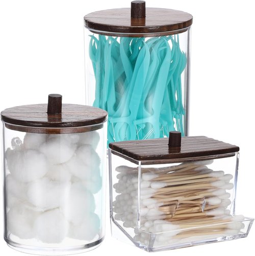 Hipiwe Acrylic Cotton Ball Holder - Clear Qtip Canister with Lid | Bathroom Makeup Organizer - 3 Pack