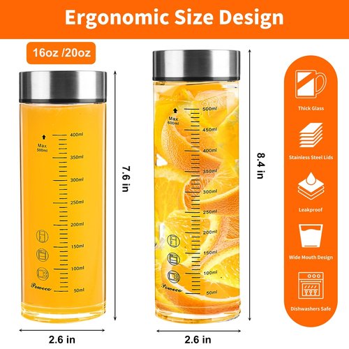 Glass Juice Bottles 4 Pack 20 oz - Wide Mouth Glass Water Bottles with Lids - for Juicing, Protein, Smoothie, Milk, Reusable, BPA Free, Stainless Steel Lids, Blender, Shaker Bottle (20oz/600ml)