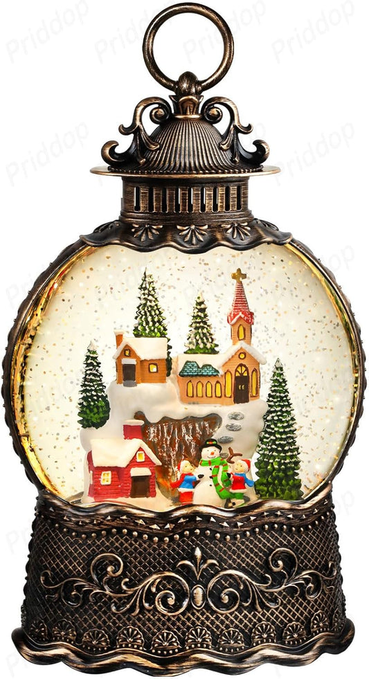 Priddop Village Snow Globe | Musical Christmas Decoration with Snowman Scene - 10.6 Inch