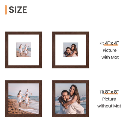 upsimples 8x8 Picture Frame, Display Pictures 4x4 with Mat or 8 x 8 Without, Wall Hanging Photo Frames, Brown, 1 Pack