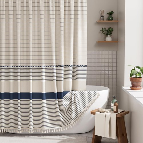 AmazerBath Boho Shower Curtain, Modern Farmhouse Shower Curtain Set with Tassels, Rustic Faux Linen Navy Blue Striped Shower Curtain with Hooks, Light Tan Toned, 72x72 Inches