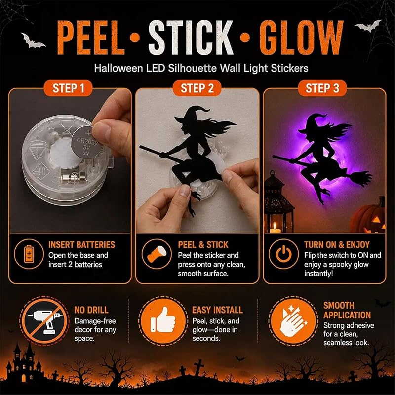 3Set Halloween Silhouette Wall Lights 3D LED Stickers - Spooky Wall Decals
