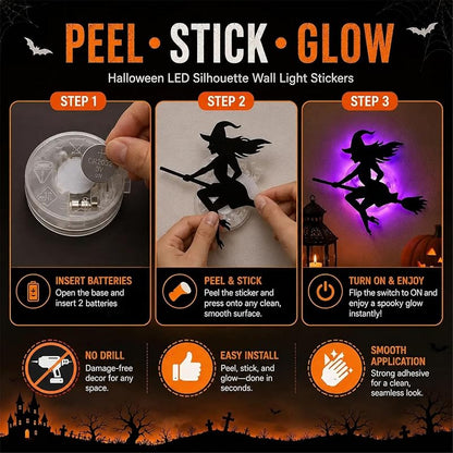 3Set Halloween Silhouette Wall Lights 3D LED Stickers - Spooky Wall Decals