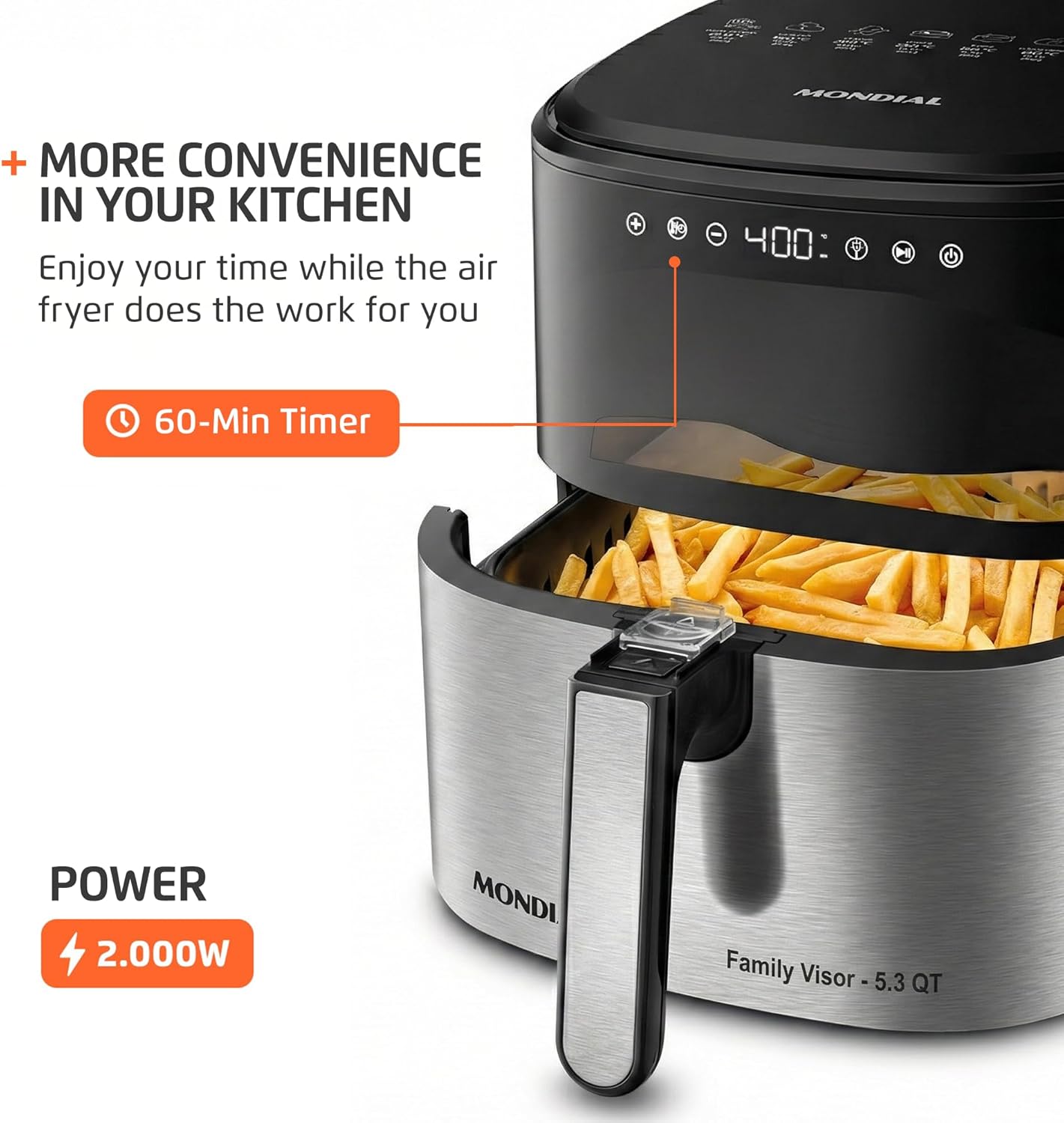 Mondial Air Fryer - Digital 5.3QT Capacity with High Power & Elegant Stainless Steel Finish - Black/Inox
