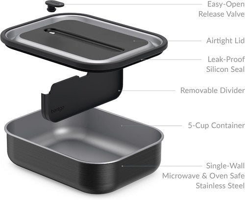 Bentgo MicroSteel Lunch Box - Leak-Proof, Microwave & Oven Safe, Bento-Style with Divider | Carbon Black
