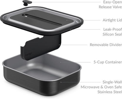Bentgo MicroSteel Lunch Box - Leak-Proof, Microwave & Oven Safe, Bento-Style with Divider | Carbon Black