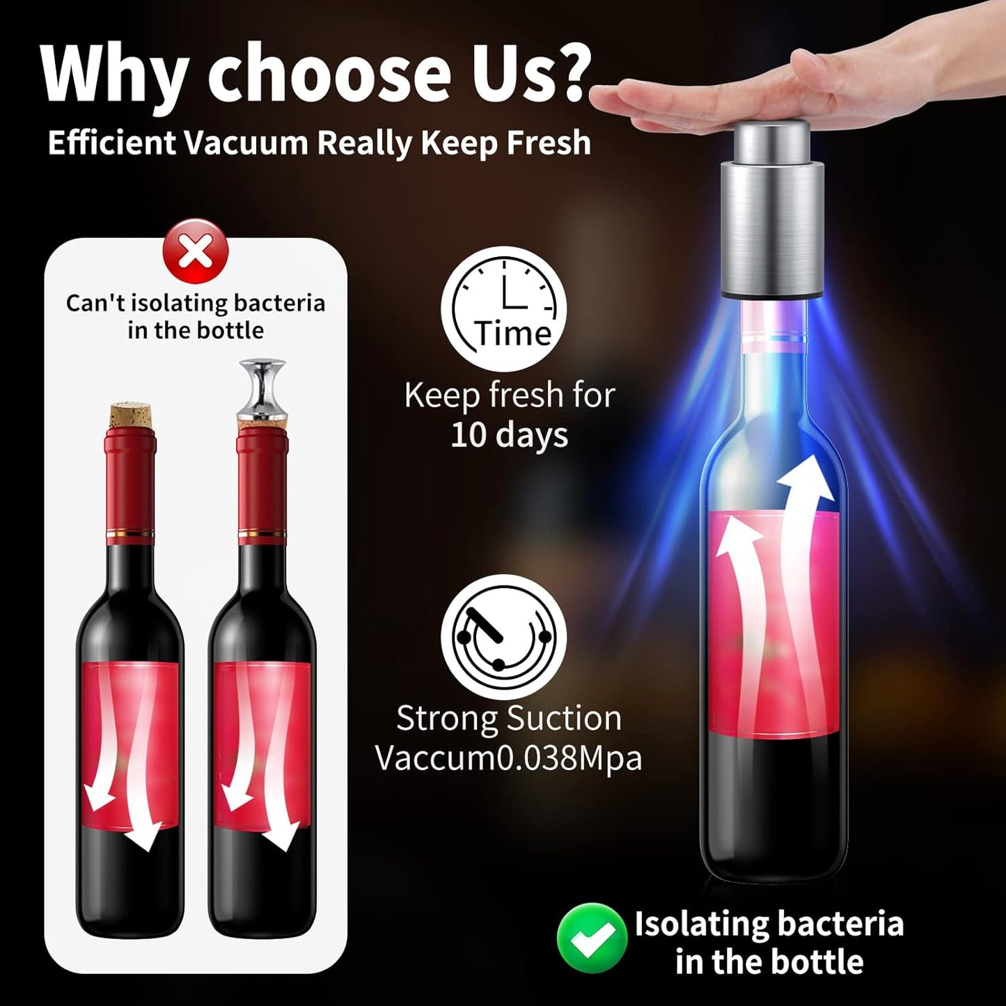 Wine Bottle Stoppers，2-in-1 Vacuum Wine Stopper，Stainless Steel Wine Savers, Reusable Wine Preserver, Vacuum Pump Corks Keep Wine Really Fresh, Best Gift Accessories,Hanlomele(1 Pack)