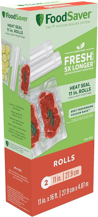 FoodSaver Vacuum Seal Rolls - 11" x 16' BPA-Free Multilayer Construction for Food Preservation | 2-Pack